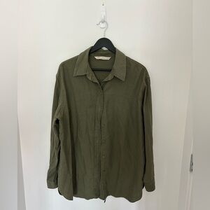 Suko oversized linen blend green button down shirt